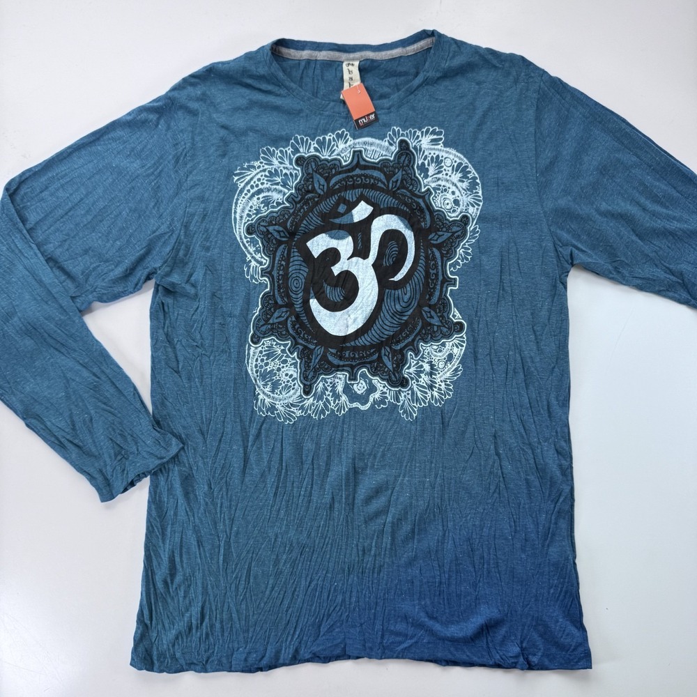 Infinitee Om Crinkled Cotton Long Sleeve T Shirt Graphic Print Blue Adult XL